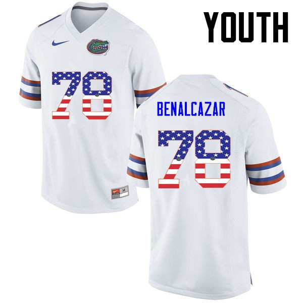 Florida Gators Youth #78 Ricardo Benalcazar College Football USA Flag Fashion White
